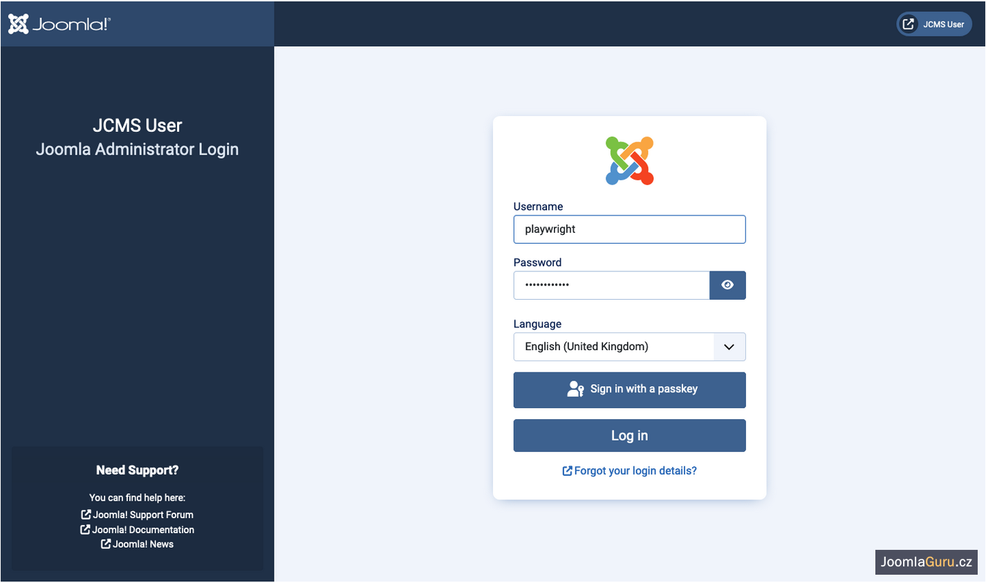 Přihlašovací obrazovka administrace Joomla s poli Username, Password a Language a tlačítkem Log in.