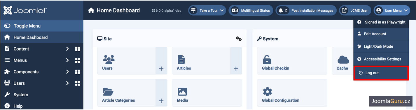 Horní část administrace Joomla s otevřenou uživatelskou nabídkou a červeně zvýrazněnou položkou Log out.