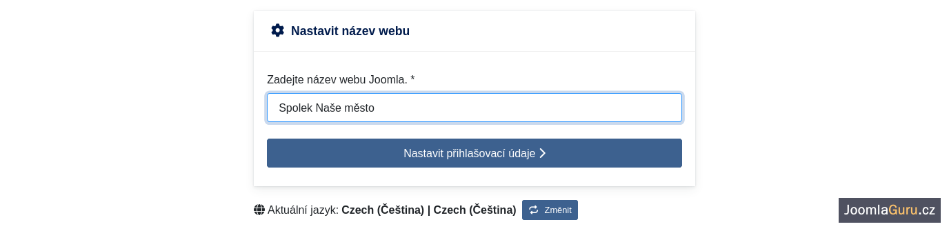 Český instalátor Joomla s vyplněným názvem Spolek Naše město