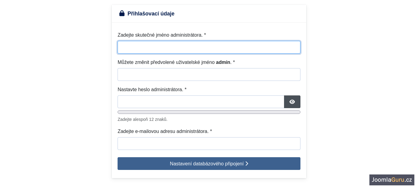 Český formulář pro vytvoření správce Joomla bez vyplněných přístupových údajů