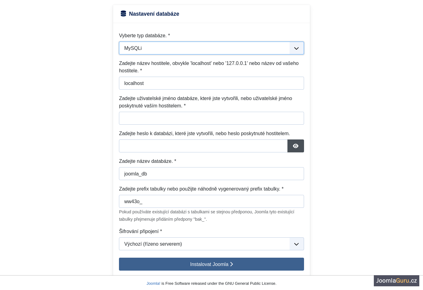 Databázový formulář českého instalátoru Joomla před vyplněním hesla